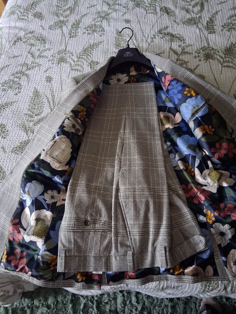 Next Mens Suit with Blue Tie – Grey Plaid, Good Condition