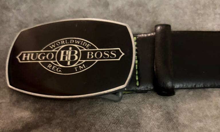 HUGO BOSS Enamel Buckle Mens Leather Belt Black/Green Handmade waist 32-38”. Very very rare!