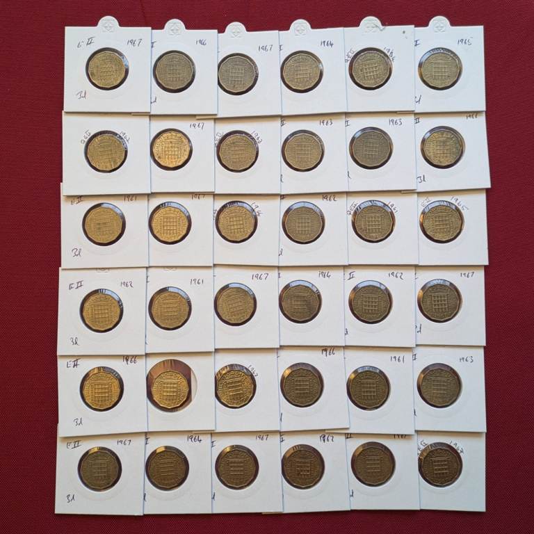 20p each Brass THREEPENCE 1960s UK coins
