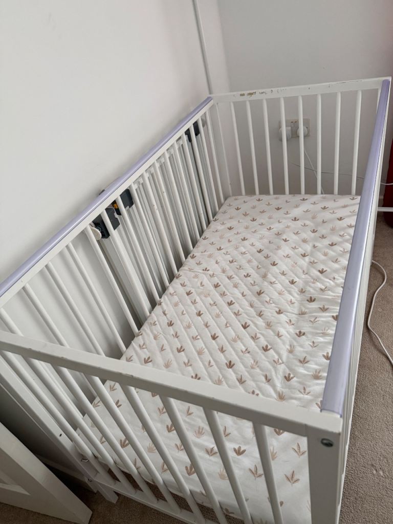 White Wooden Baby Cot Bed with Mattress
