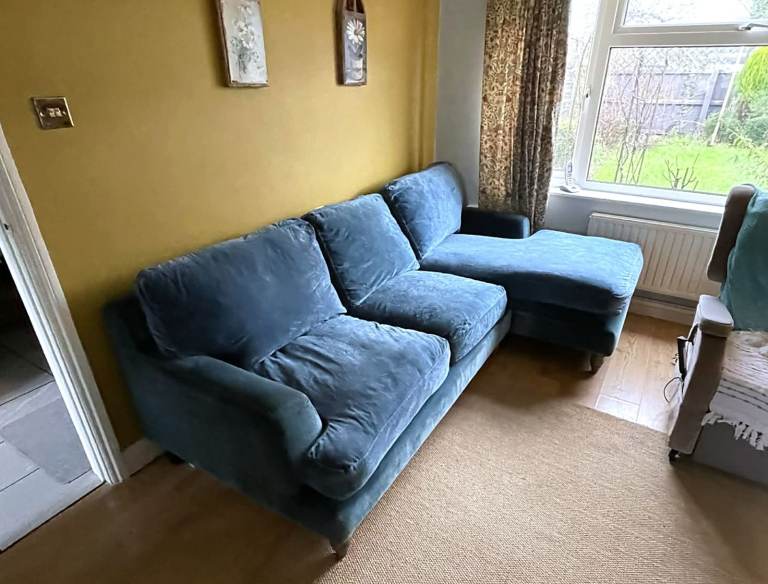 Corner Sofa  Petrol Blue Real velvet Original price £2000 Covers have been washed Good condition 