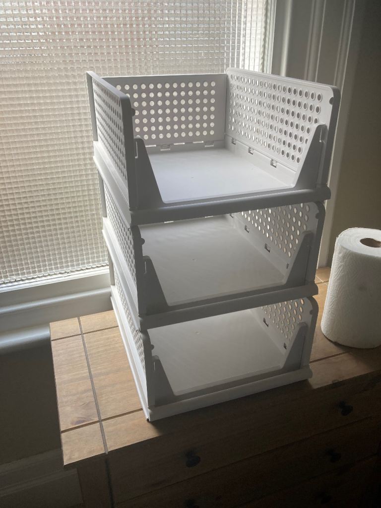 Stackable White Plastic Storage Baskets - Set of 3