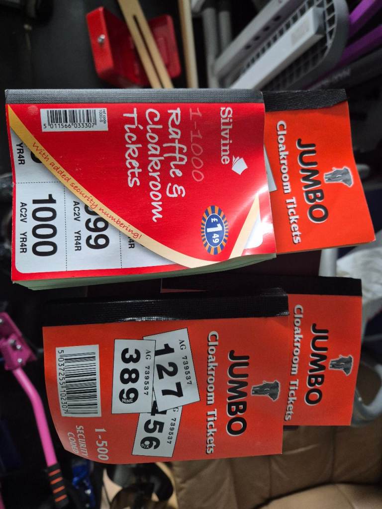 Jumbo Cloakroom & Raffle Tickets 1-1000 and 1-500 – Brand New