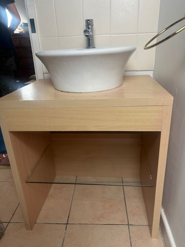 White Ceramic Bathroom Sink Basin with Wooden Unit