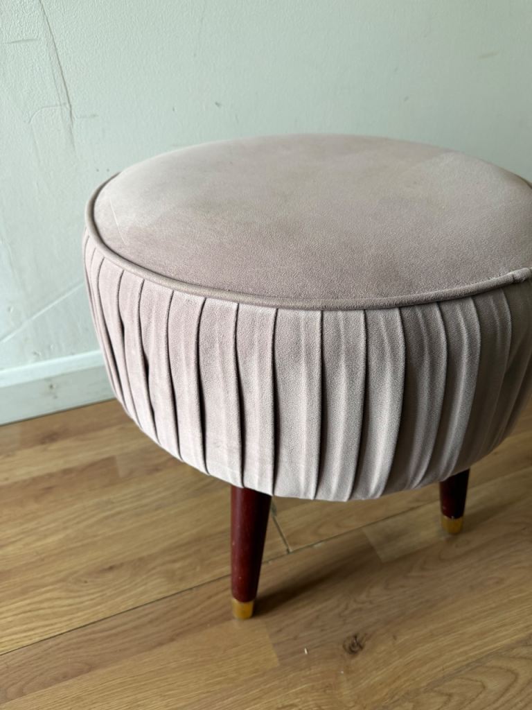 Pale Pink puff stool with wooden legs 