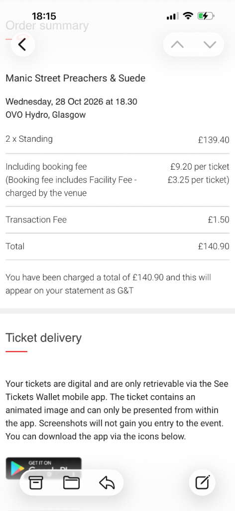 Manic street preachers & Suede tickets ( standing ) Glasgow 