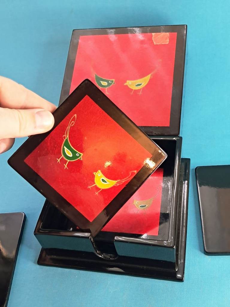  Vintage Red and Black Bird Design Coasters with Box - Good Condition