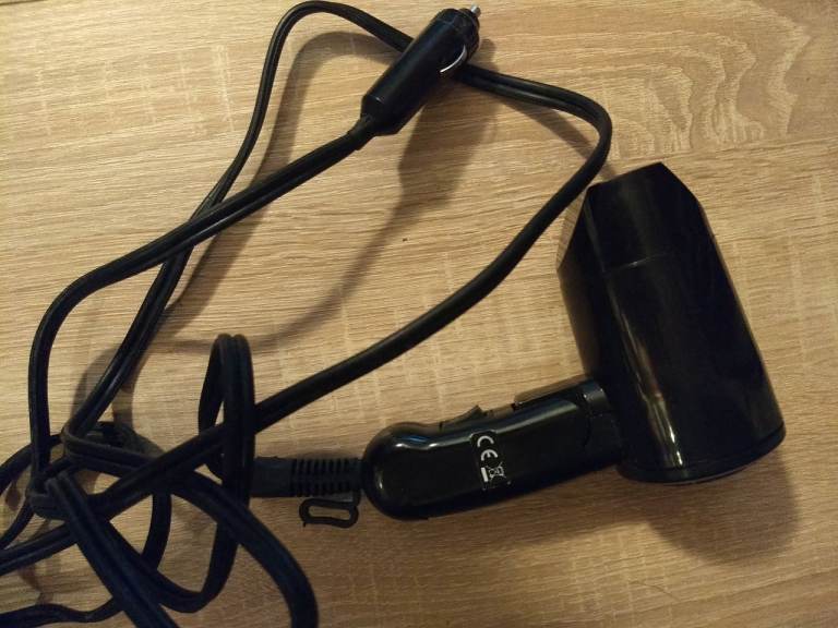 Hair dryer for In-car Cigarette lighter connection. Foldaway.
