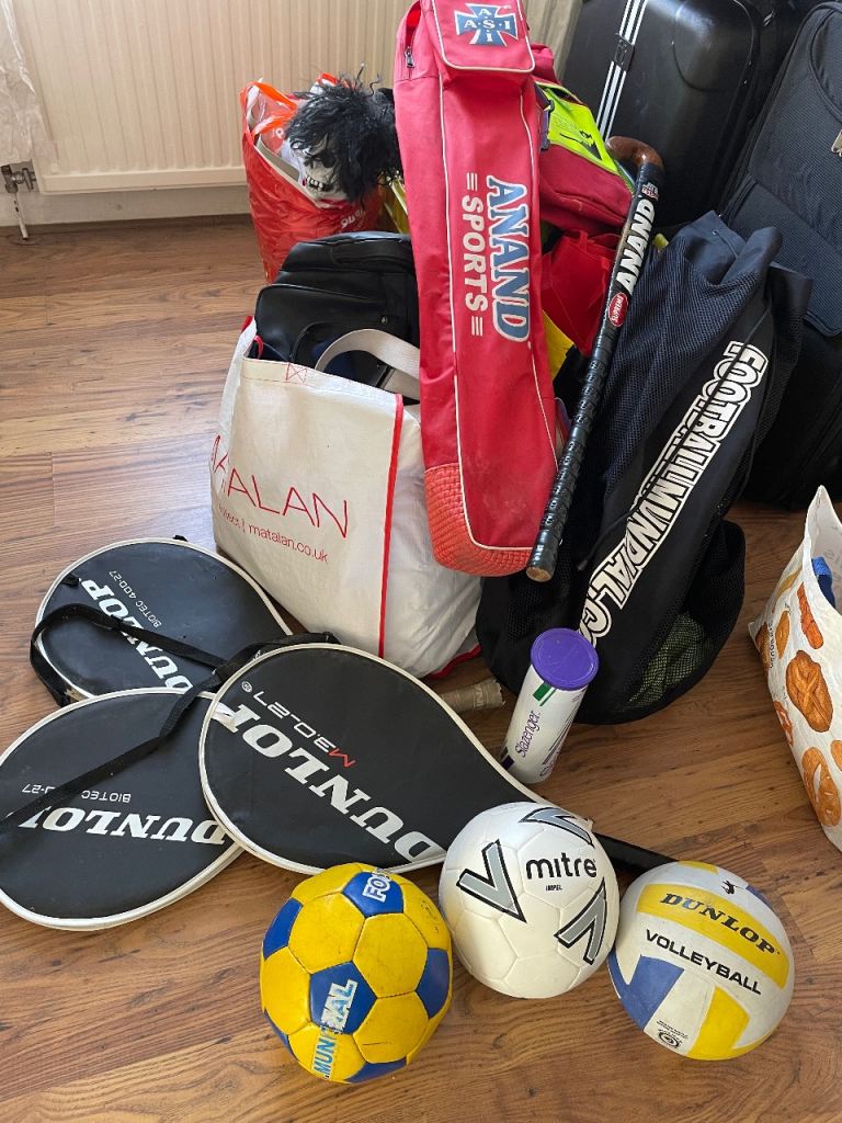 Footballs, rackets, bags, hockey stick etc.