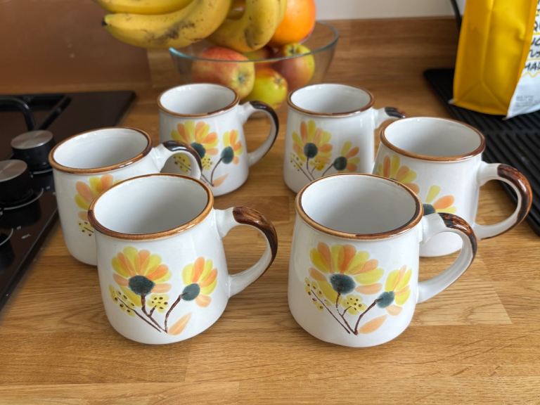 Vintage floral Korean stoneware mugs - set of 6