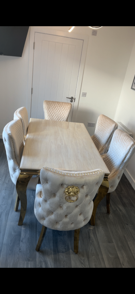 Dining Table and 6 Chairs – Beige Velvet, As Good As New