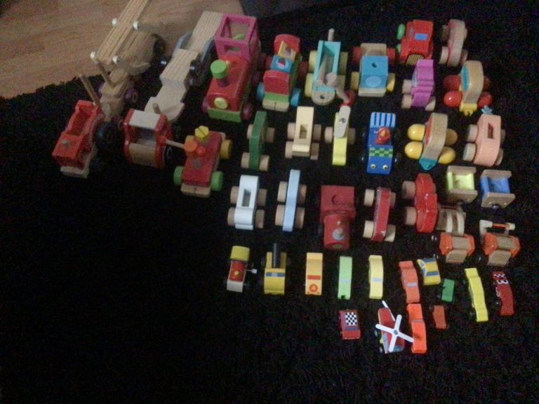 40 mixed kids wooden toy vehicles trains cars etc £25 the lot 