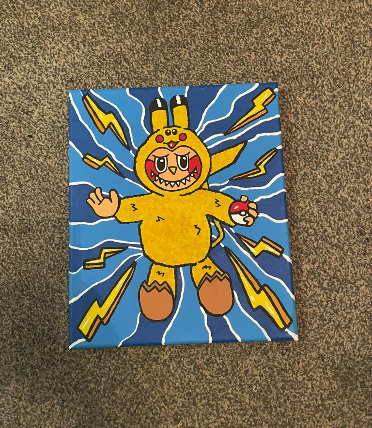 Hand-painted Pikachu labubu on canvas 