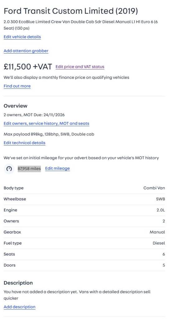 Ford Transit Custom 2.0 300 EcoBlue Limited Crew Van Double Cab 5dr Diesel Manual