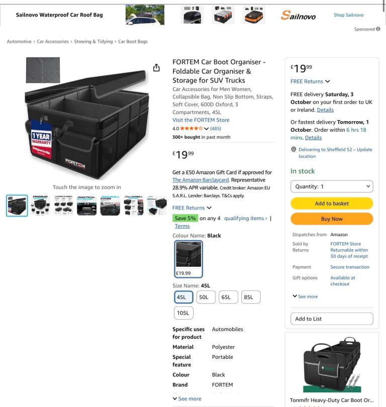 FORTEM Car Boot Organiser - Black, New