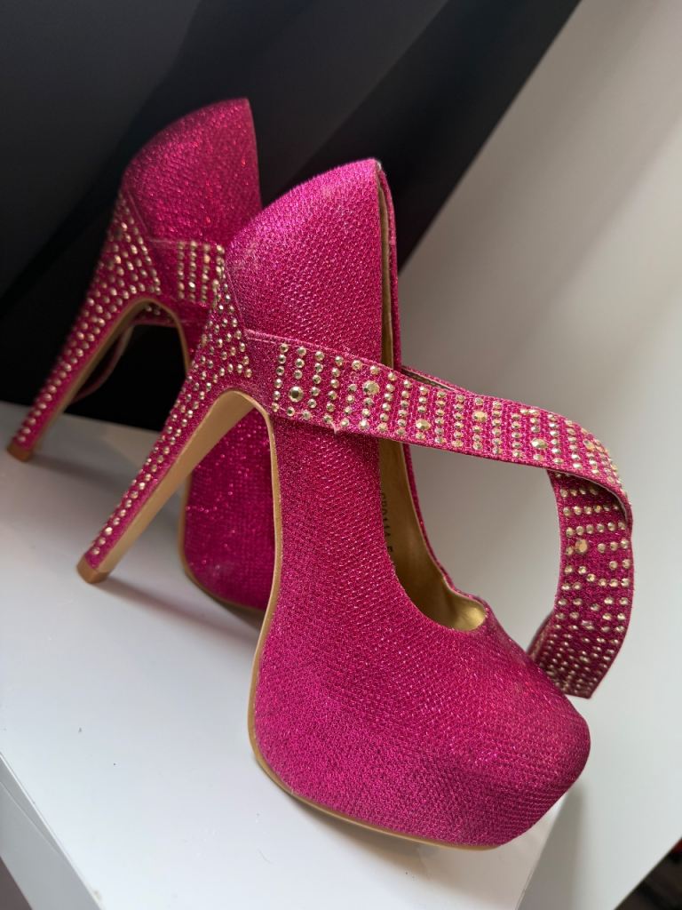 Sparkly Pink Platform Heels with Ankle Strap