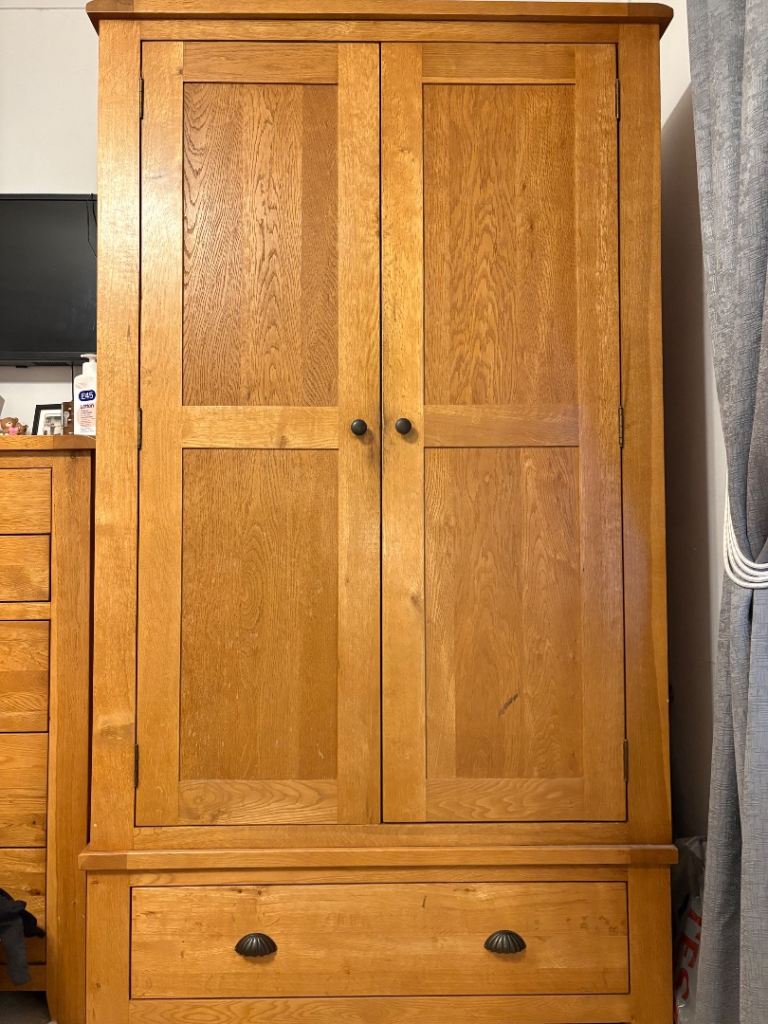 Double Solid Oak cupboard x2 plus chest of drawers 
