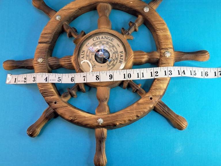 Large Ships Wheel Wall-Mounted Barometer Vintage Antique Plastic Wood Look Case..