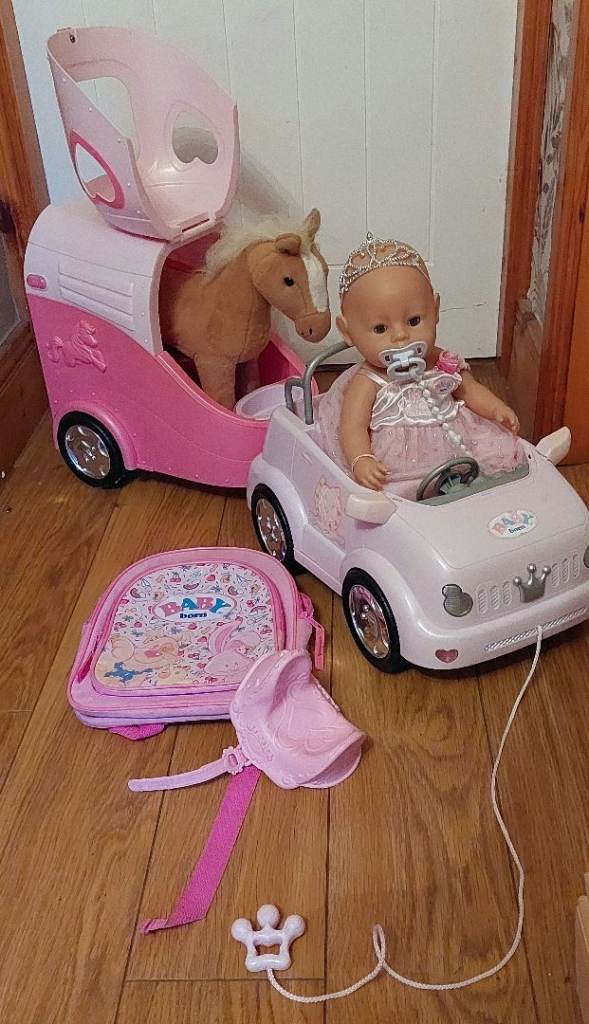 Baby Born Bundle , interactive car and horsebox trailer ,horse  sounds Baby Born doll and backpack