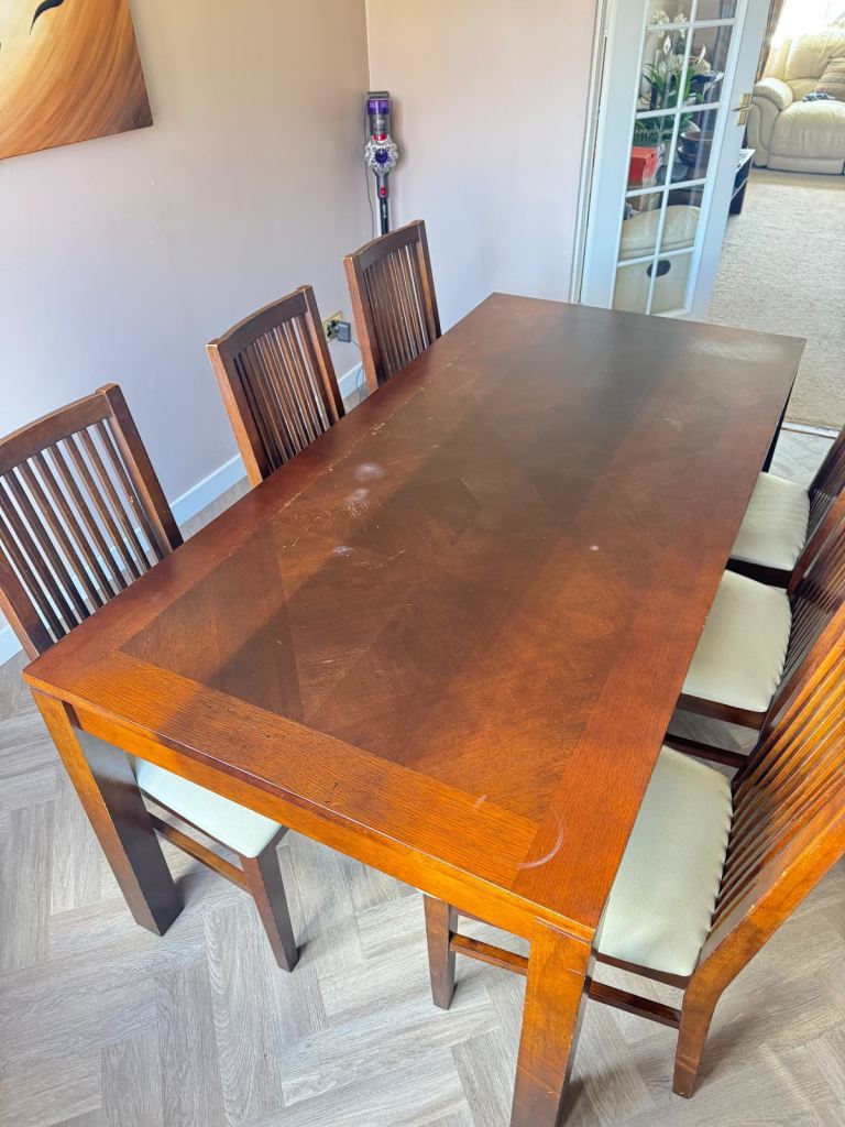 Solid Dark Wood Dining Table & 6 Chairs – Great Upcycling Opportunity!
