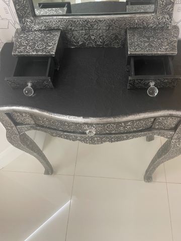 silver embossed dressing table Benjara Lee 64" Vanity Table- Embossed Inlay- 7 Mirror Accented Drawers- Gray