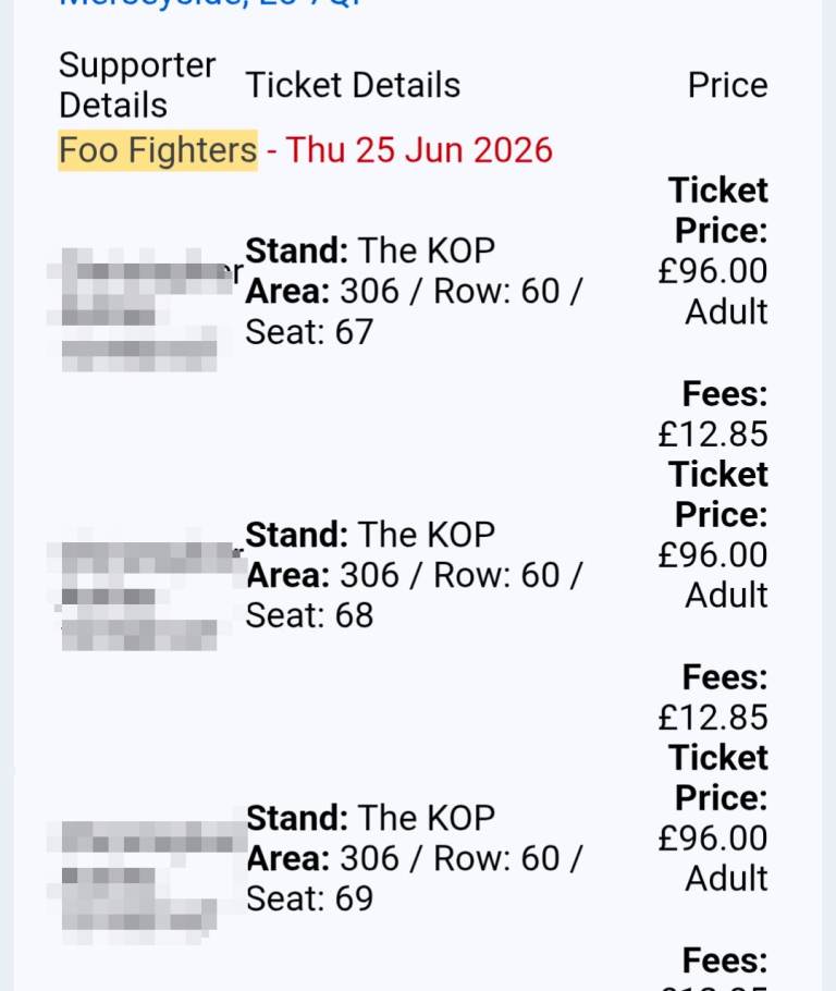 3 tickets to Foo Fighters at Anfield 25th June, Kop End (face value)