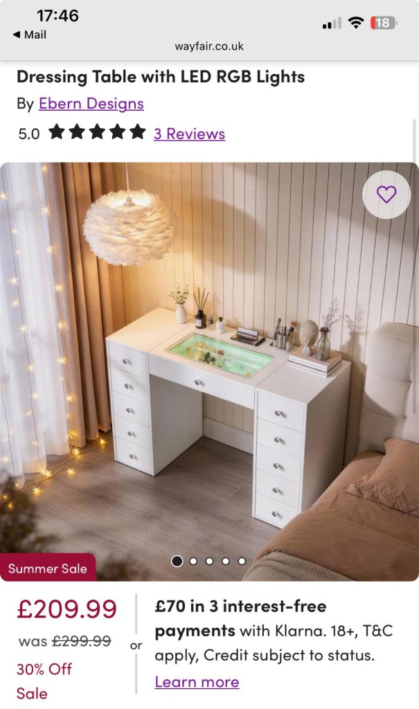 Ebern Designs Dressing Table with LED RGB Lights – White
