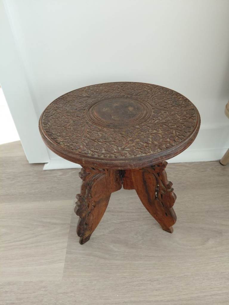 Vintage Hand-Carved Anglo-Indian Wooden Octagonal Side Table - Folding Plant Stand