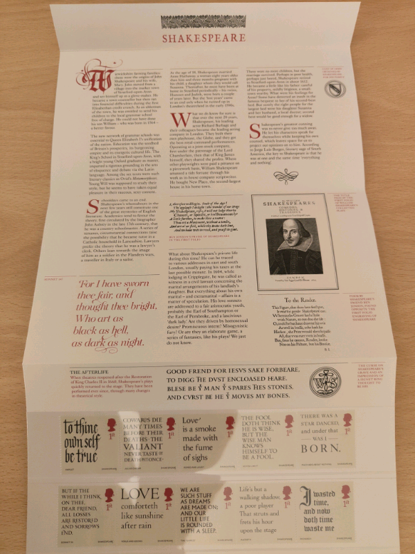 2016 Royal Mail William Shakespeare 10 Stamp Presentation Pack