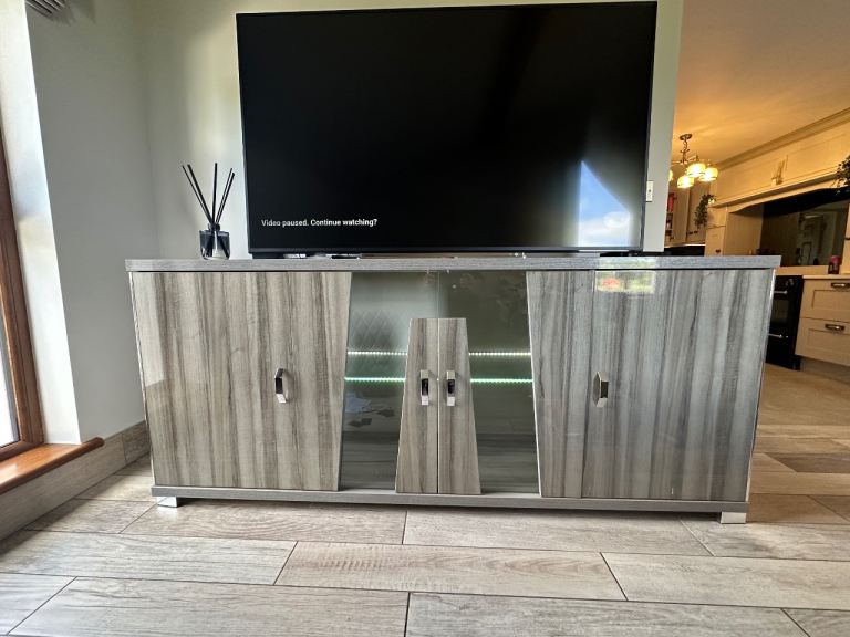 Modern Grey Wood TV Unit with LED Lighting