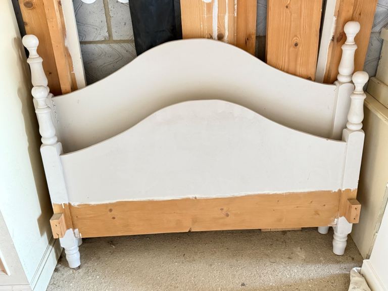 Shabby chic style painted double pine bed. 