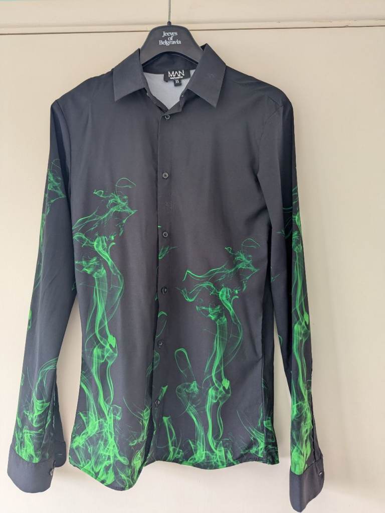MAN Black Shirt with Green Flame Design – Good Condition