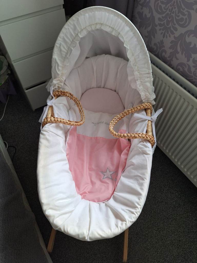 Moses Basket with Wooden Rocking Stand – White & Pink, As Good As New