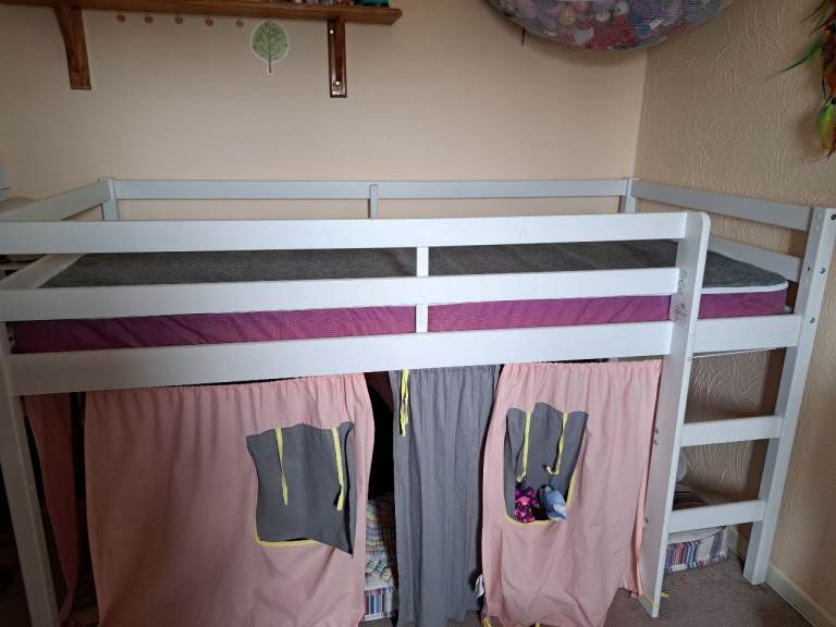 White Mid Sleeper Bed Frame with Pink Curtains – Good Condition