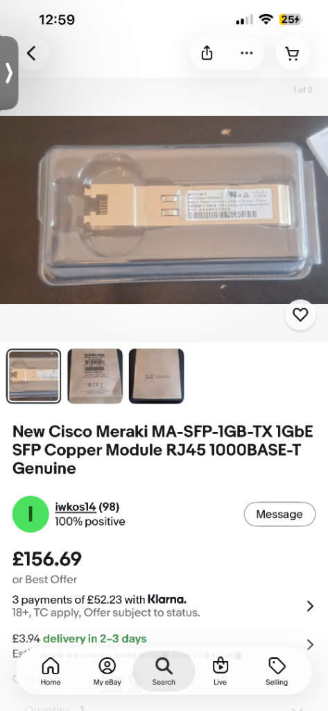 New SEALED Cisco Meraki MA-SFP-1GB-TX 1GbE SFP Copper Module RJ45