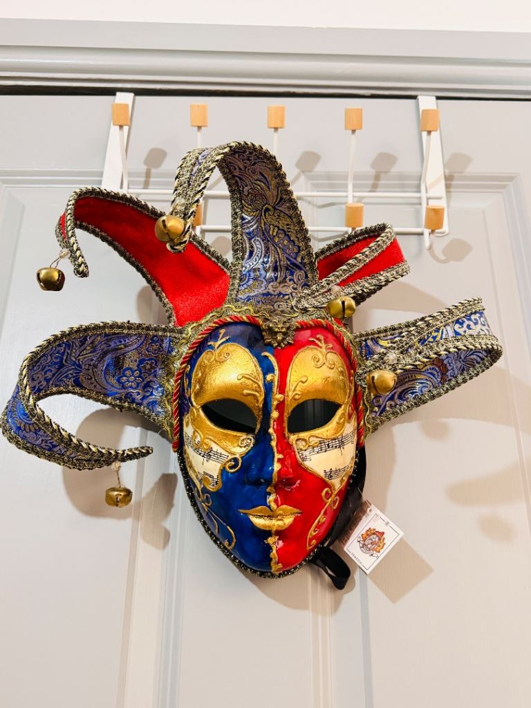 New Venetian Style Jester Mask – Red, Blue & Gold