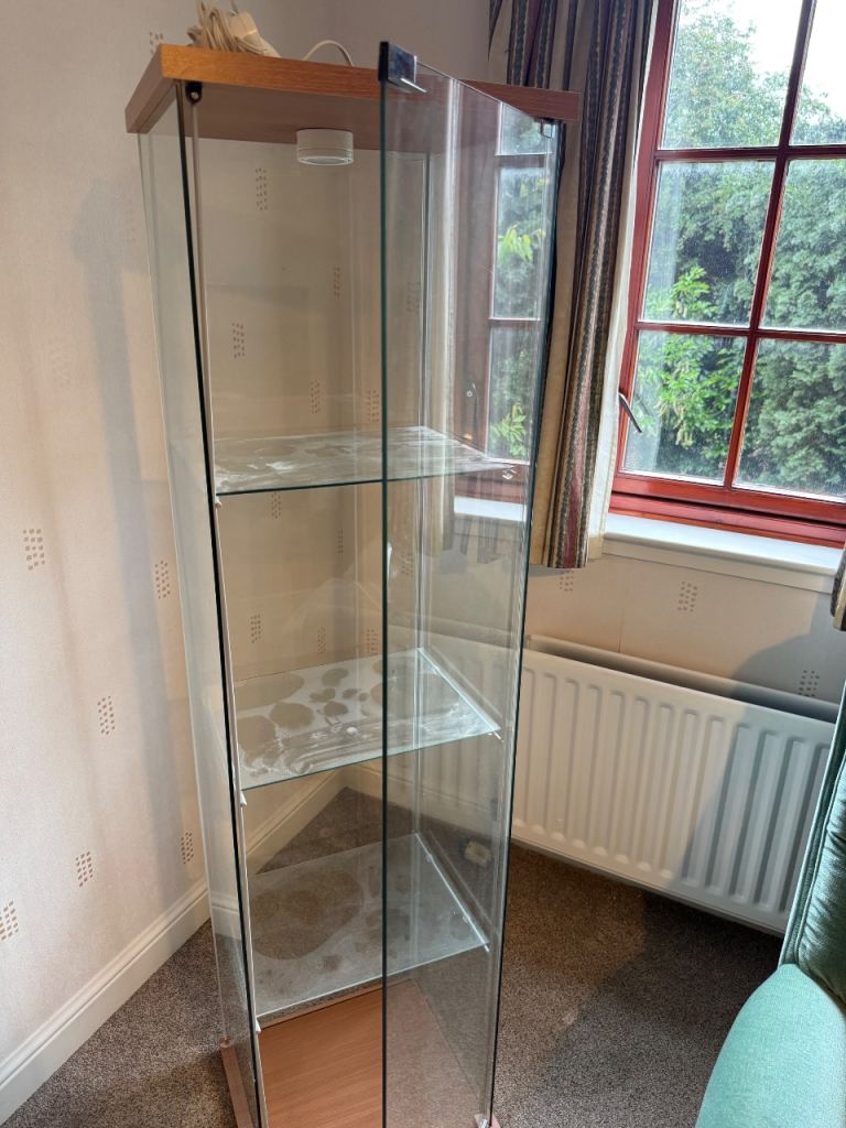 Glass Display Cabinet with Wooden Top and Base