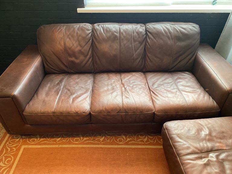 Leather Three-Seater Sofa with Matching Footrest