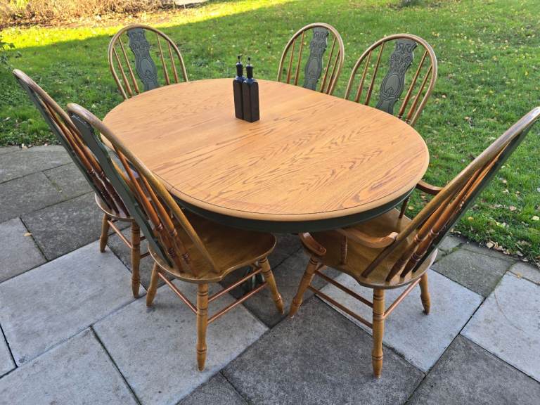REFURBISHED Extending Oval Dining Table + 6 Chairs Green Vintage Farmhouse - Local Delivery 