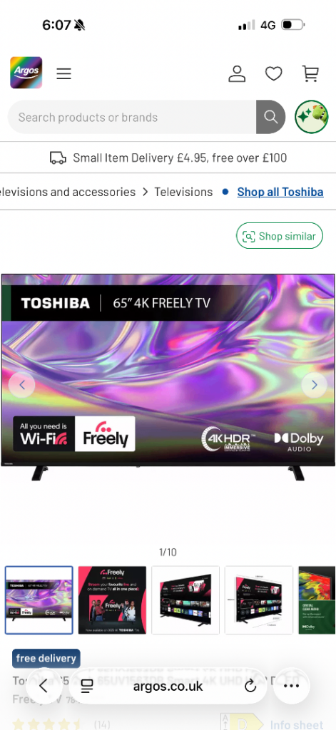 Toshiba 65QV1563DB Smart 4K UHD HDR QLED Freely TV - Brand New