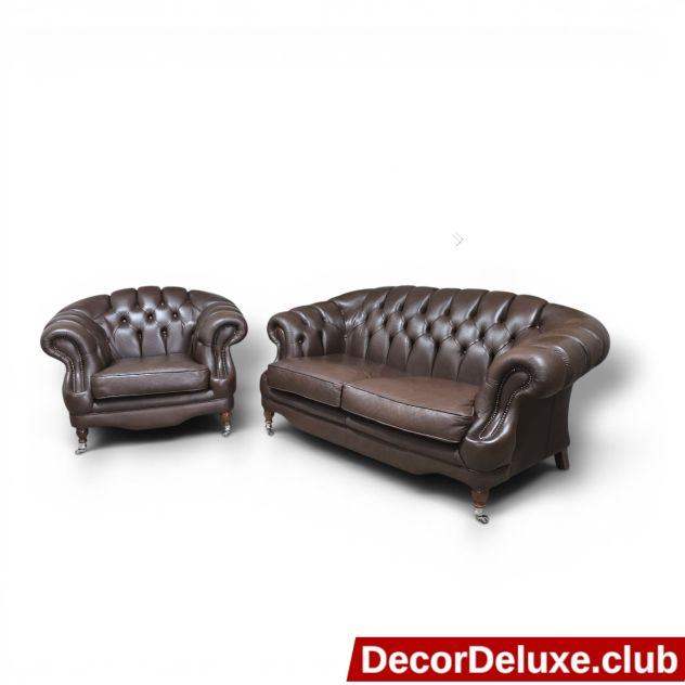 Brown Leather Chesterfield Armchair & Two-Seater Sofa Suite Delivery Available 019A