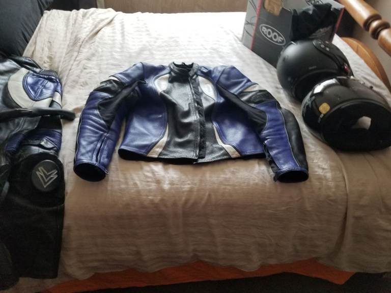 Blue & Black Leather Motorcycle leather and 2 Helmets 