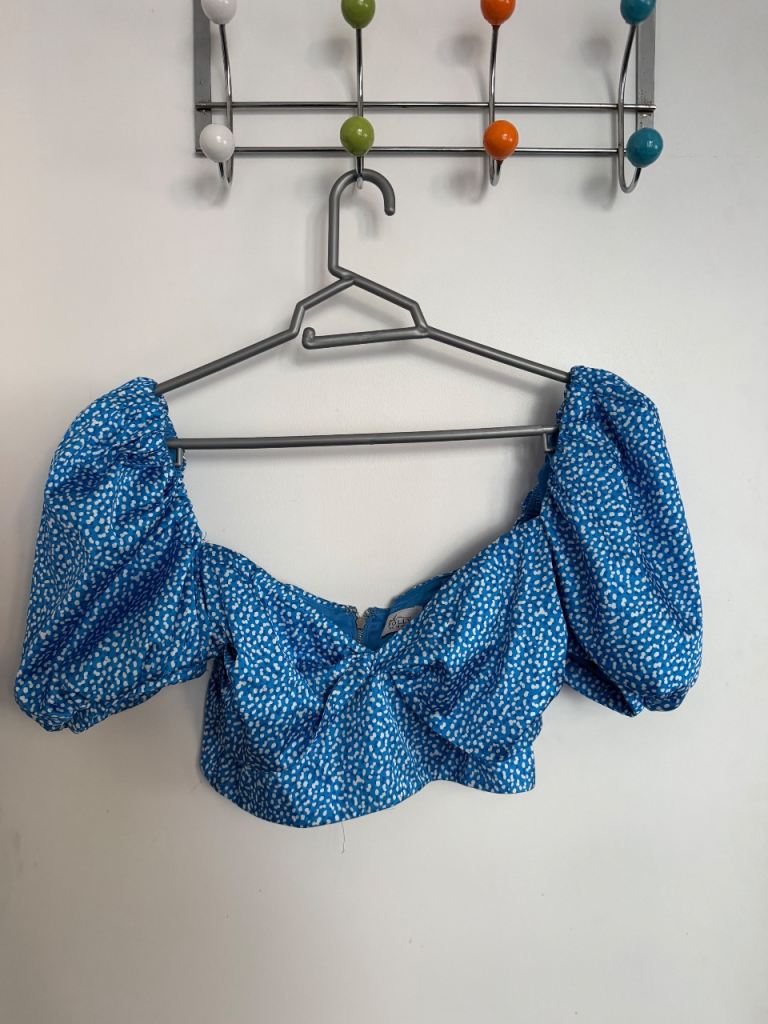 Oh Polly Blue Polka Dot Puff Sleeve Crop Top UK 10 - RRP £55 | Now £6!