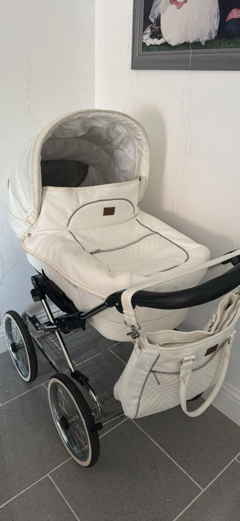 Emnaljunga white leather pram & pushchair & changing bag