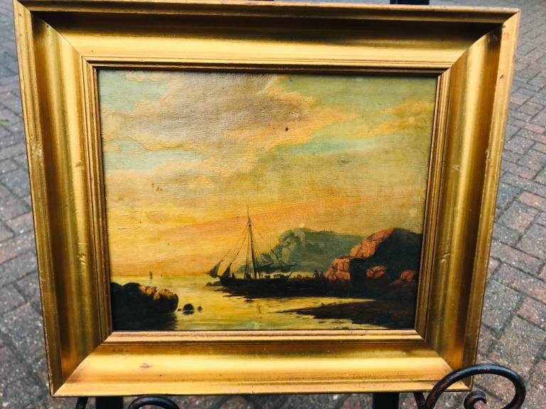 Sailing Boat at Low Tide – 19th Century Oil on Canvas