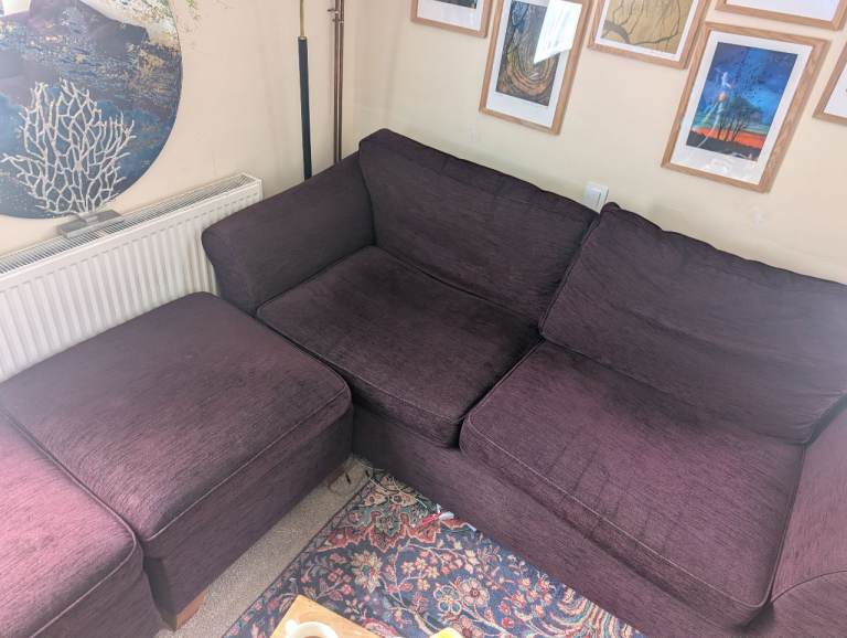 The M&S Abbey 3 Seater Sofa with 2 Large Footstools in plum colour chenille