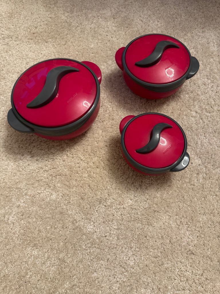Set of 3 thermal insulated hotpot containers stainless steel and plastic, NEW