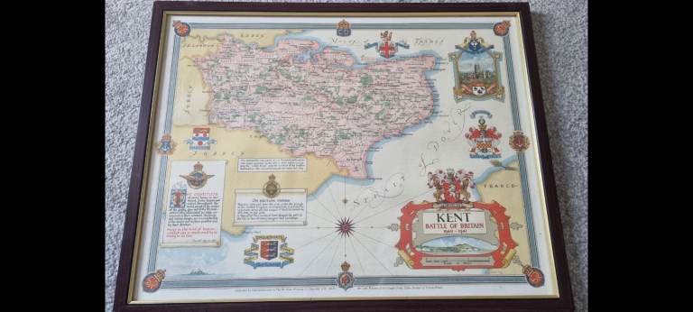 Vintage Framed Map of Kent - Battle of Britain Memorabilia
