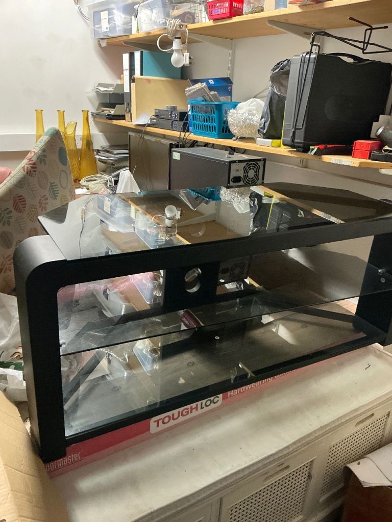 Black Glass TV Stand with Shelves – Good Condition