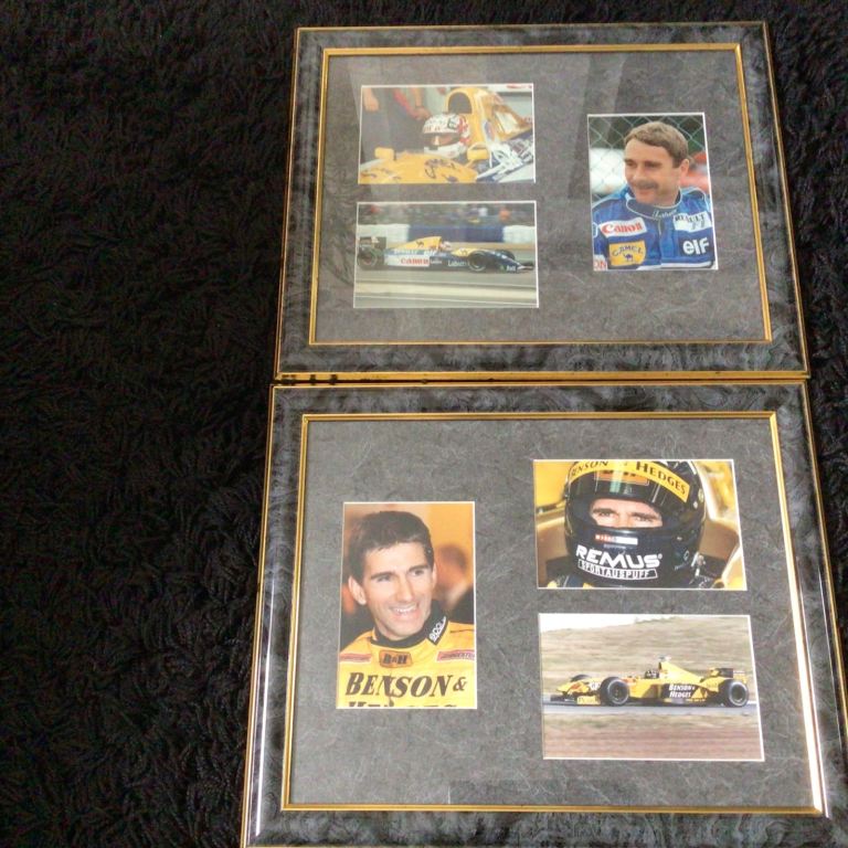 2 racing cars  drivers Damon hill and Nigel mansell framed photos 